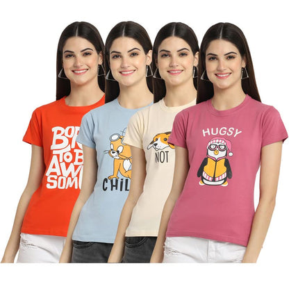 Preneum Womens Cotton Regular Fit Latest Graphic Stylish Printed Short Sleeves Casual T-Shirt || Trendy Designs & Stylish (Pack