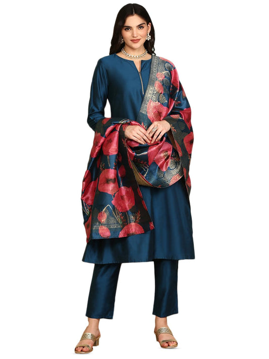 Ishin Navy Blue Notched Neck A-Line Kurta With Trousers & Dupatta | Kurta Set For Women | Kurta With Trousers And Dupatta