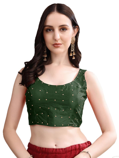 Pujia Mills Womens Square Neck Silk Sleeveless with Stone Work Readymade Blouse