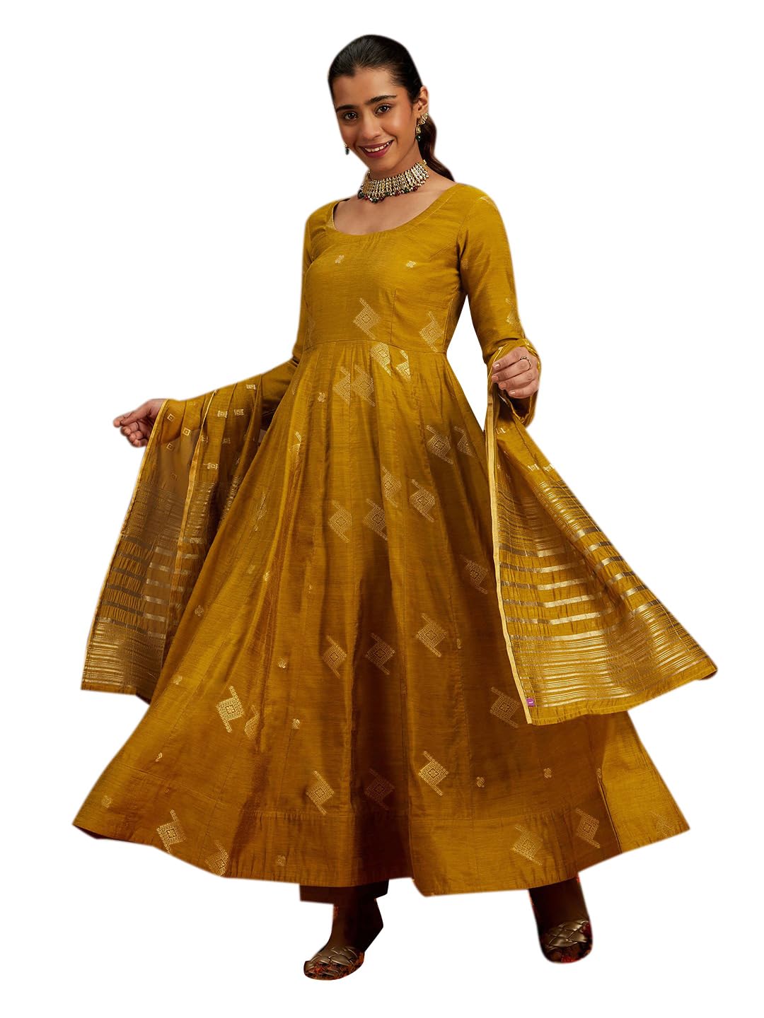 Libas Womens Chanderi Silk Woven Design Regular Fit Kurta Sets (34742_Mustard
