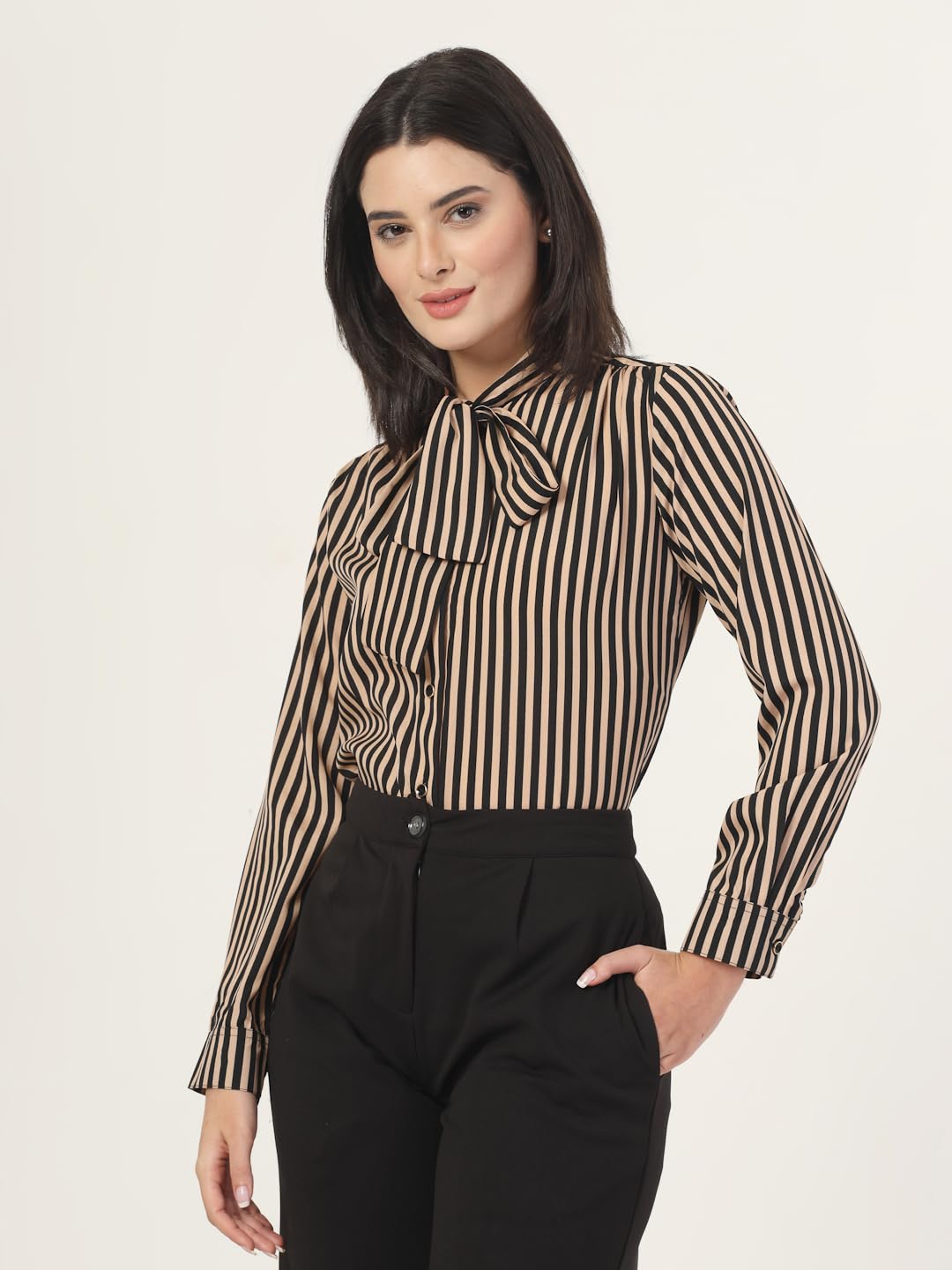 Style Quotient Women Beige Striper top with Front tie-up