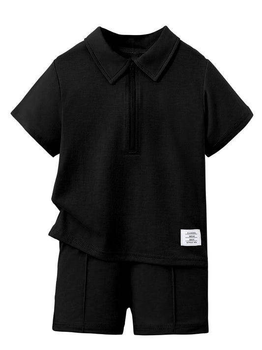 AVANOVA Boys Black Polo Collar Short Sleeve T-Shirt & Shorts Set | Summer 2 Piece Outfit | Casual Sportswear for Kids | Solid Co