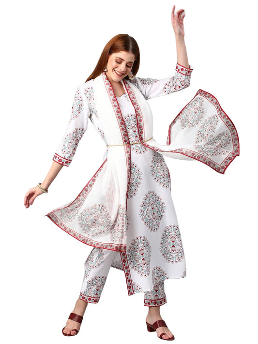 ANNI DESIGNER Ladies Rayon Blend Printed Kurta with Trousers and Dupatta, White, M