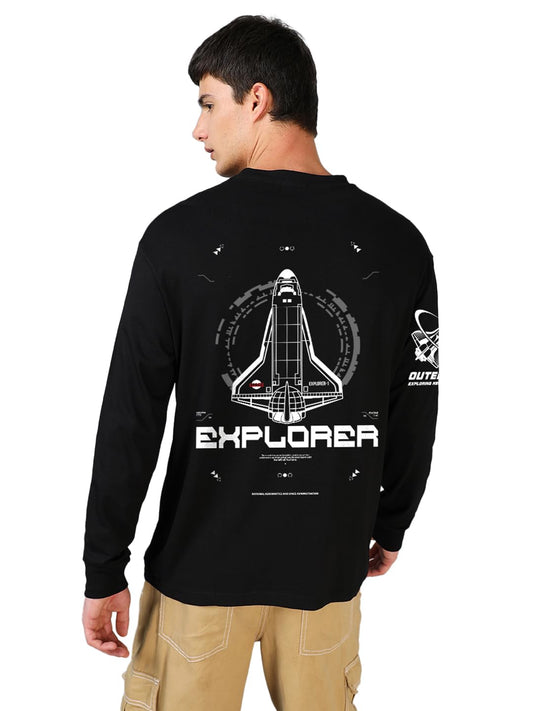 Bewakoof Official NASA Merchandise Mens Graphic Printed Oversized Fit Full Sleeve Round Neck Cotton Jersey T-Shirt 636704 Black