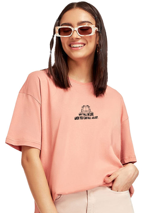 Bewakoof WomenS Why Fall In Love Graphic Print Cotton T-Shirt- Oversized Fit, Round Neck, Half Sleeves 578836_Pink_2Xl