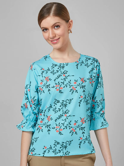 Style Quotient Women Blue And Multi Floral Printed Polyester Smart Casual Top