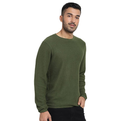 Bewakoof Mens Solid Regular Fit Full Sleeve Round Neck Cotton Sweater Green