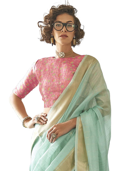 Madhuhansh Womens Soft Linen Saree With Unstitched Multicolor Paisley Blouse Piece Saree With Satin Border Comfortable Skin Frie
