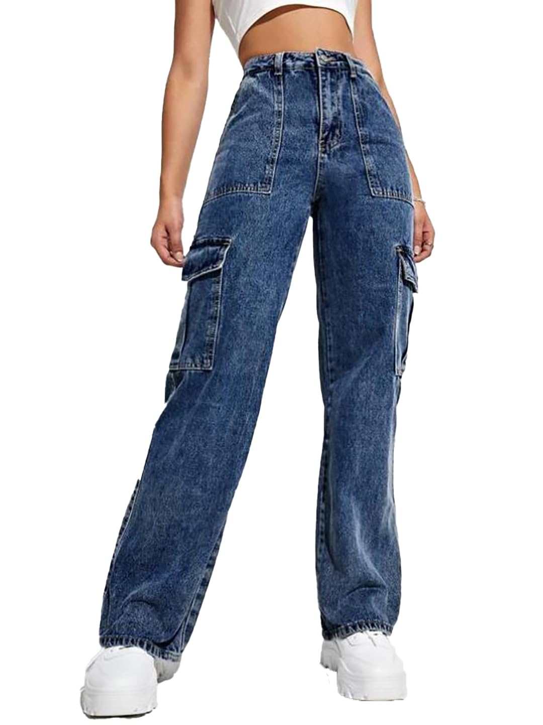 Kotty WomenS Solid High Rise Relaxed Fit Cargo Jeans(Blue,34)