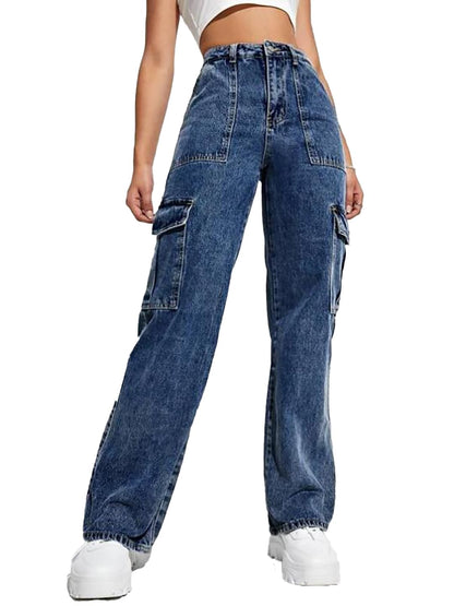 Kotty WomenS Solid High Rise Relaxed Fit Cargo Jeans(Blue,34)