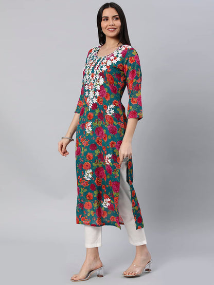 GoSriKi Women's Printed Georgette Straight Chikankari Embroidered Kurta