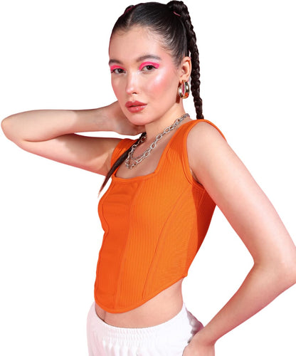 POPWINGS Women Casual Orange Corset Crop Top