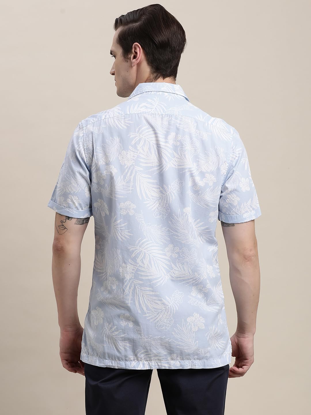Turtle Men Cotton Tencel Light Blue Printed Half Sleeve Casual Shirt