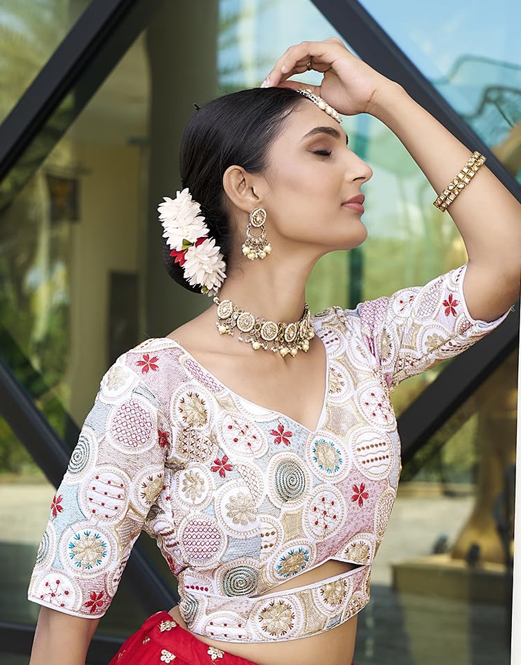 Pujia Mills Womens Blouse Readymade Blouse Embroidery Multi Coding Gold Thread Blouses Handwork White Color Readymade Saree Blo