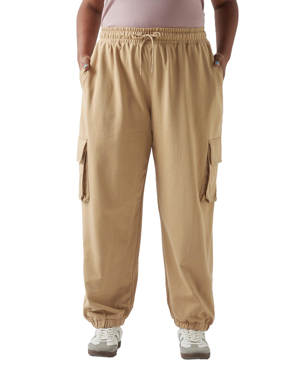 Bewakoof Air 1.0 Women Solid Super Loose Fit Terry Plus Size Cargo Joggers_646957_Brown_6XL