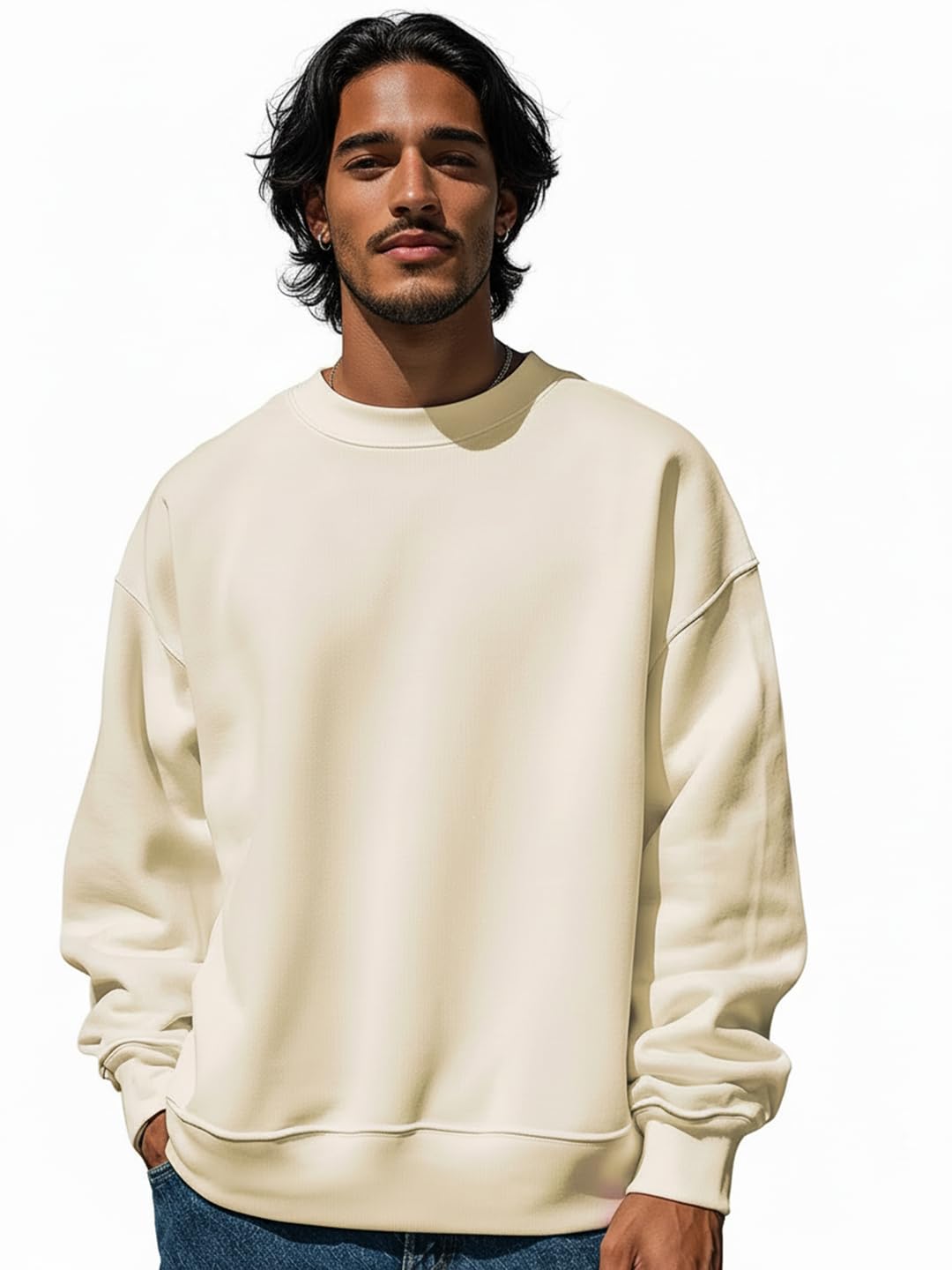 Bewakoof MenS Solid Oversized Fit Full Sleeve Round Neck Poly Cotton Sweatshirt_644682_Grey_Xl