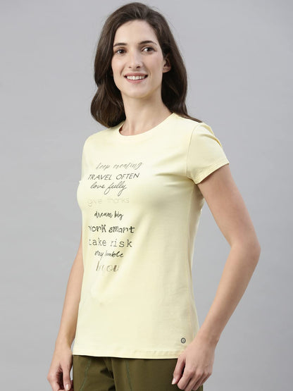 Enamor Essentials Womens Short Sleeve Crew Neck Slim Fit Breathable Stretch Cotton Tee With Graphic - E147(E147-Lemon Cream / B