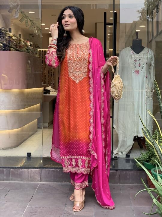 Toochki Dress for Women | A Line Maxi Dresses | Three Piece | Embroidered Flared | Chinon Bandhani Printed | with Pant and Dupatta | Long | Orange