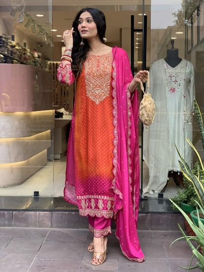 Toochki Dress for Women | A Line Maxi Dresses | Three Piece | Embroidered Flared | Chinon Bandhani Printed | with Pant and Dupatta | Long | Orange