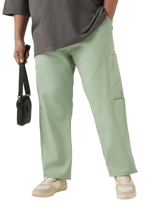 Bewakoof Mens Solid Regular Fit Cotton Linen Plus Size Cargo Pants_628741_Green_38