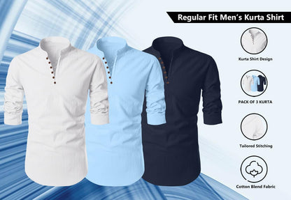 Finivo Fashion MenS Cotton Blend Regular Fit Solid Casual Kurta Shirt Pack Of 3
