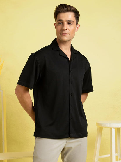 Dennis Lingo Men Polyester Relaxed Fit Textured Shirts Black