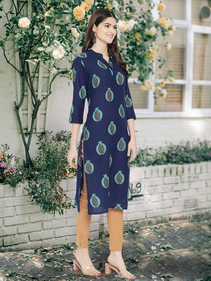 Pinkmint Women Cotton Kurti Ll Stright Printed Collared V Neck Kurta Ll Stylish Regular Fit KurtiS (Pack Of 01) Navy Blue