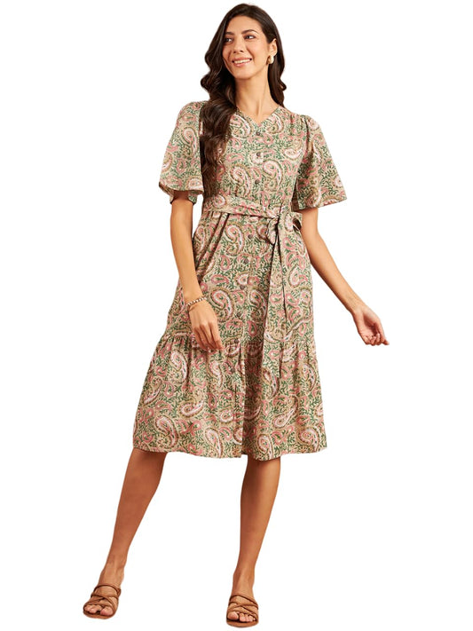 Modeve Women Paisley Print Beige Dress_Small