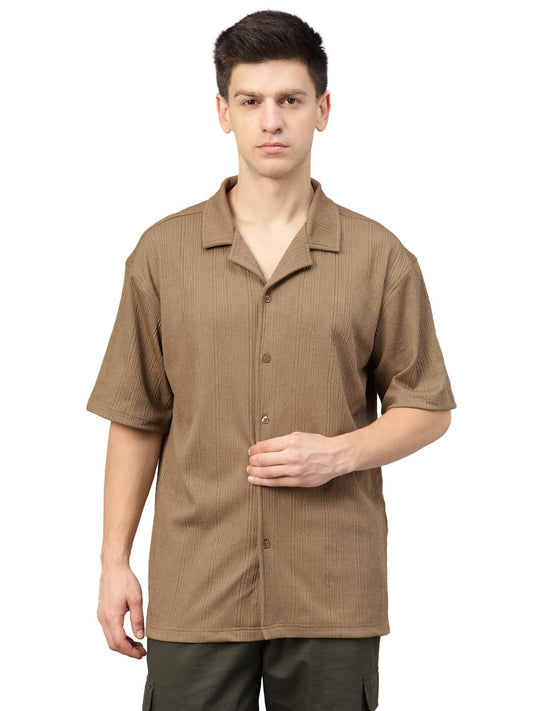 Veirdo Mens Poly Cotton Oversized Loose Baggy Fit Drop Shoulder and Print Design Men Textured Camp Collar