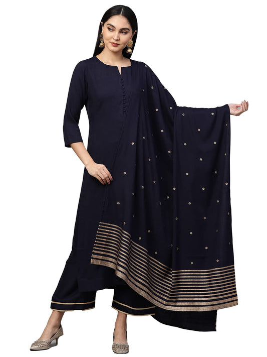 ANNI DESIGNER Women's Cotton Straight Kurta with Palazzo & Dupatta (EKAA Navy Blue)