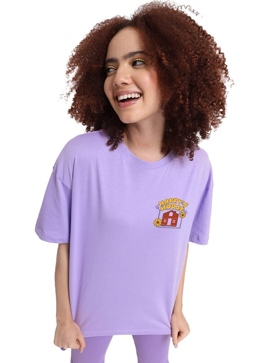 Bewakoof WomenS HarryS House Graphic Print Cotton T-Shirt- Oversized Fit, Round Neck, Half Sleeves 565913_Purple_Xs