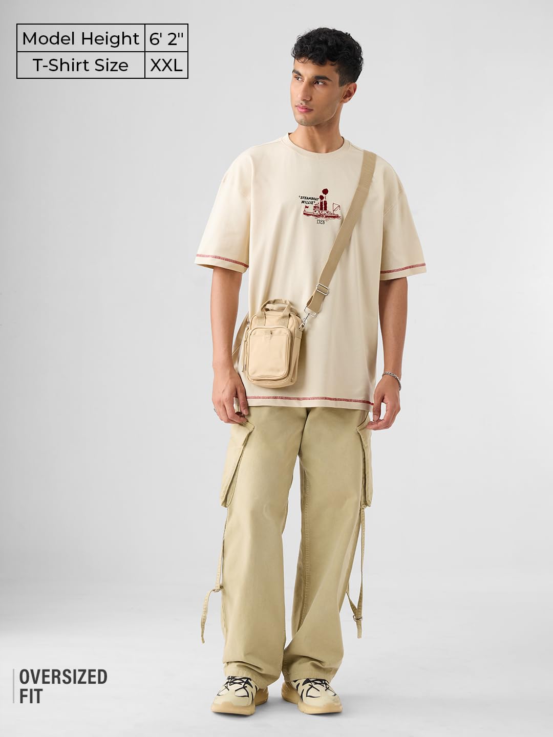 The Souled Store Mickey Mouse: Steamboat Men and Boys Short Sleeves Round Neck Beige Graphic Printed Cotton Oversized T-Shirts