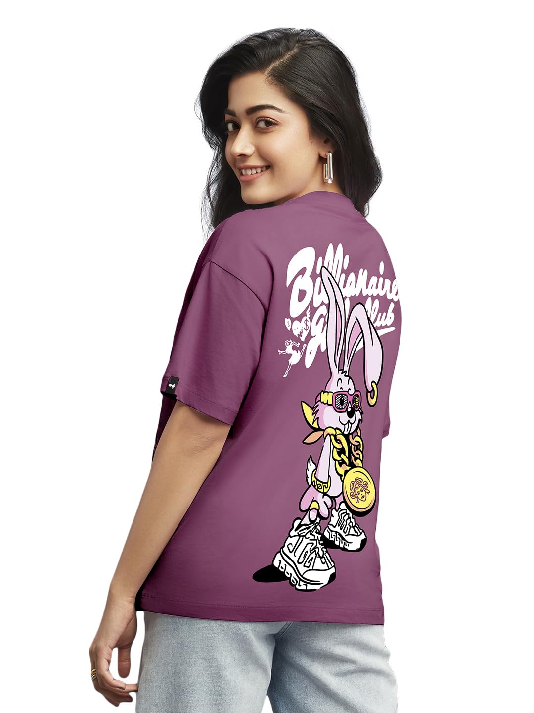Bewakoof Womens Billionaire Girls Graphic Printed 100% Cotton T-Shirt - Oversized Fit, Round Neck, Half Sleeves_605543_Purple_X