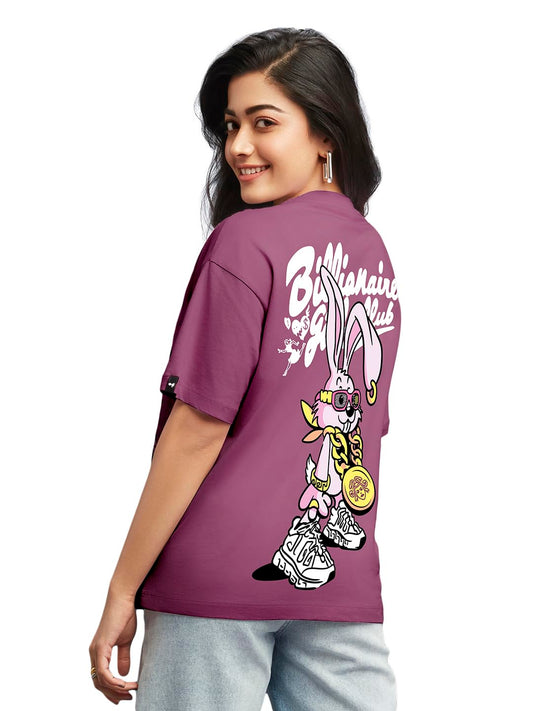 Bewakoof Womens Billionaire Girls Graphic Printed 100% Cotton T-Shirt - Oversized Fit, Round Neck, Half Sleeves_605543_Purple_2