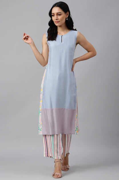 W For Woman Blue Color Block Rayon Blend Regular Kurta