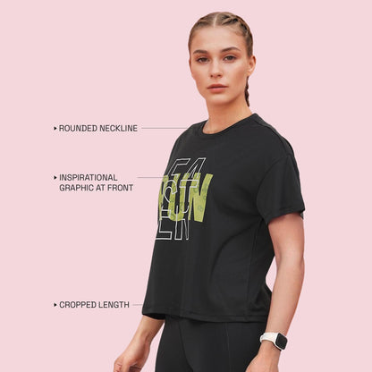 Enamor Womens Graphic Oversized Fit T-Shirt (A311_Jetblk-Run Faster