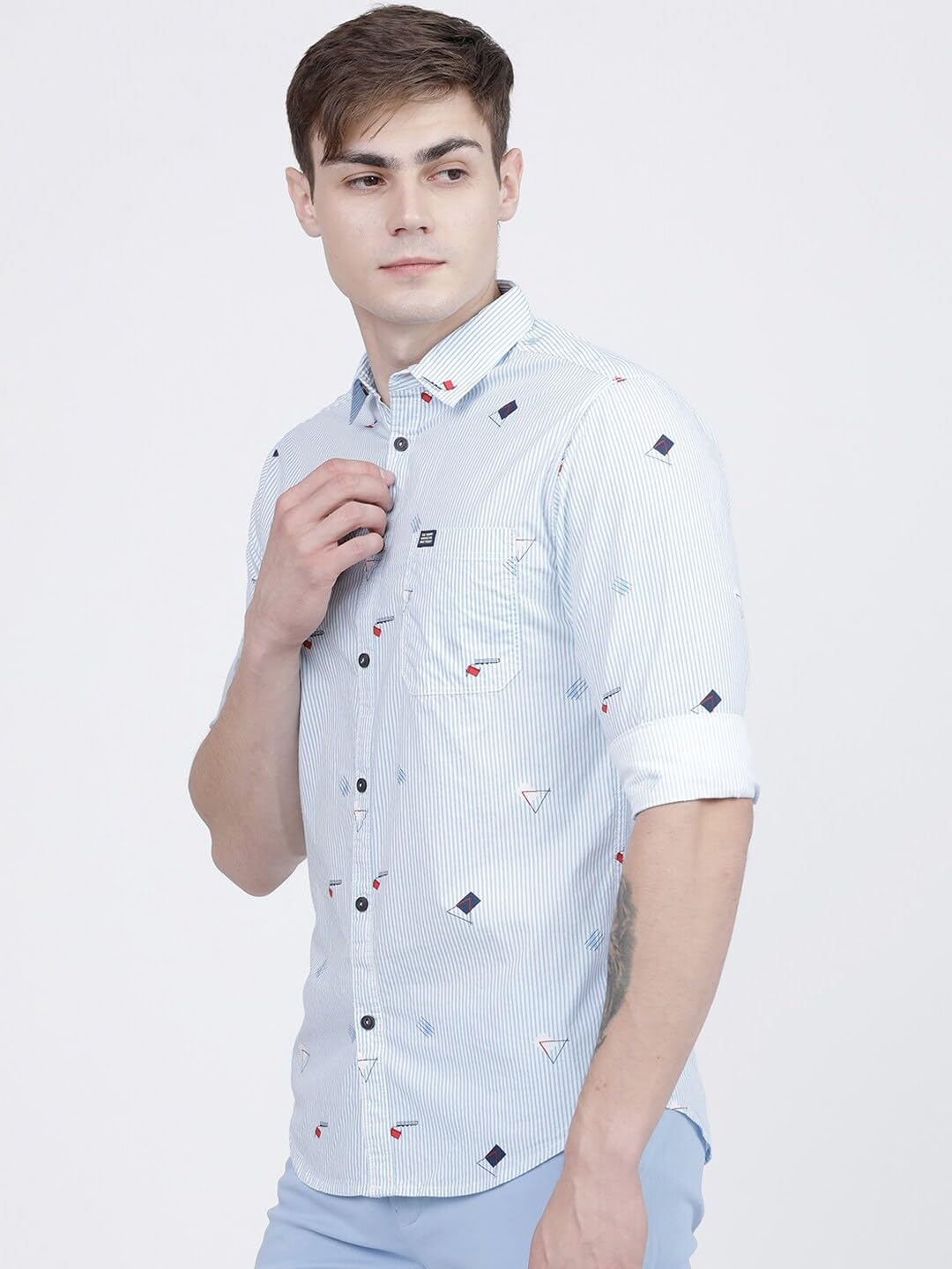 The Indian Garage Co Men Blue Striped Slim Fit Cotton Casual Shirt