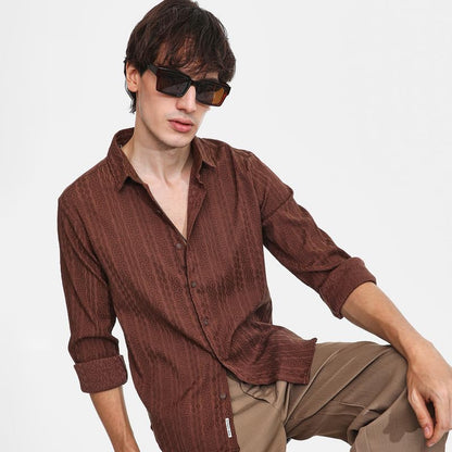 Campus Sutra Mens Chocolate Brown Geometric-Textured Knit Shirt for Casual Wear | Spread Collar | Long Sleeve | Button Closure
