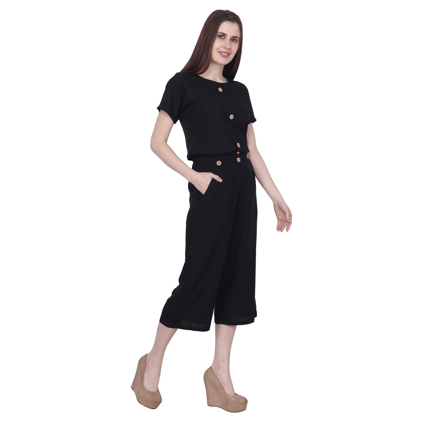 POPWINGS Casual Black Rayon Culottes with top for Women, Jumpsuit