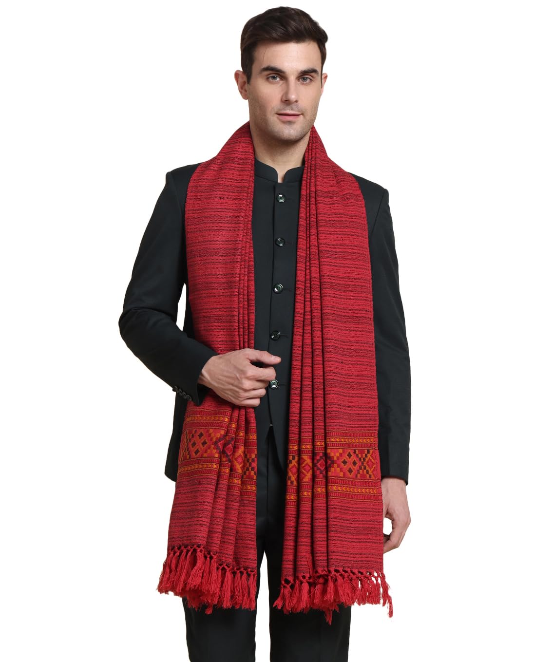 Weavers Villa Mens Acro Wool Blended Shawl - Handloom Woven Kullu Pattern - Stoles for Men - Gents Shawls - Soft & Warm Wrap -