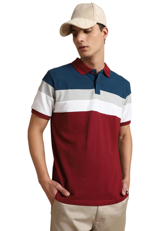 Dennis Lingo MenS Cotton Maroon Color-Blocked Polo T-Shirt