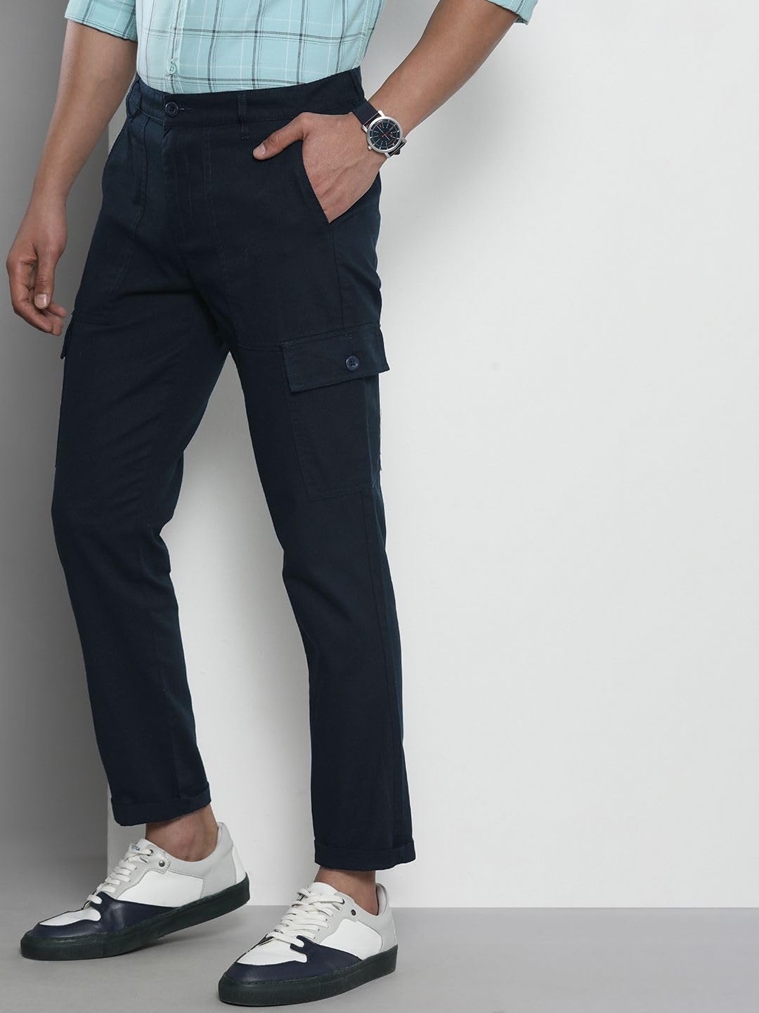 The Indian Garage Co Men Slim Fit Solid Mid-Rise Cargos Navy