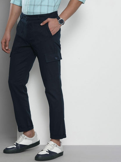 The Indian Garage Co Men Slim Fit Solid Mid-Rise Cargos Navy