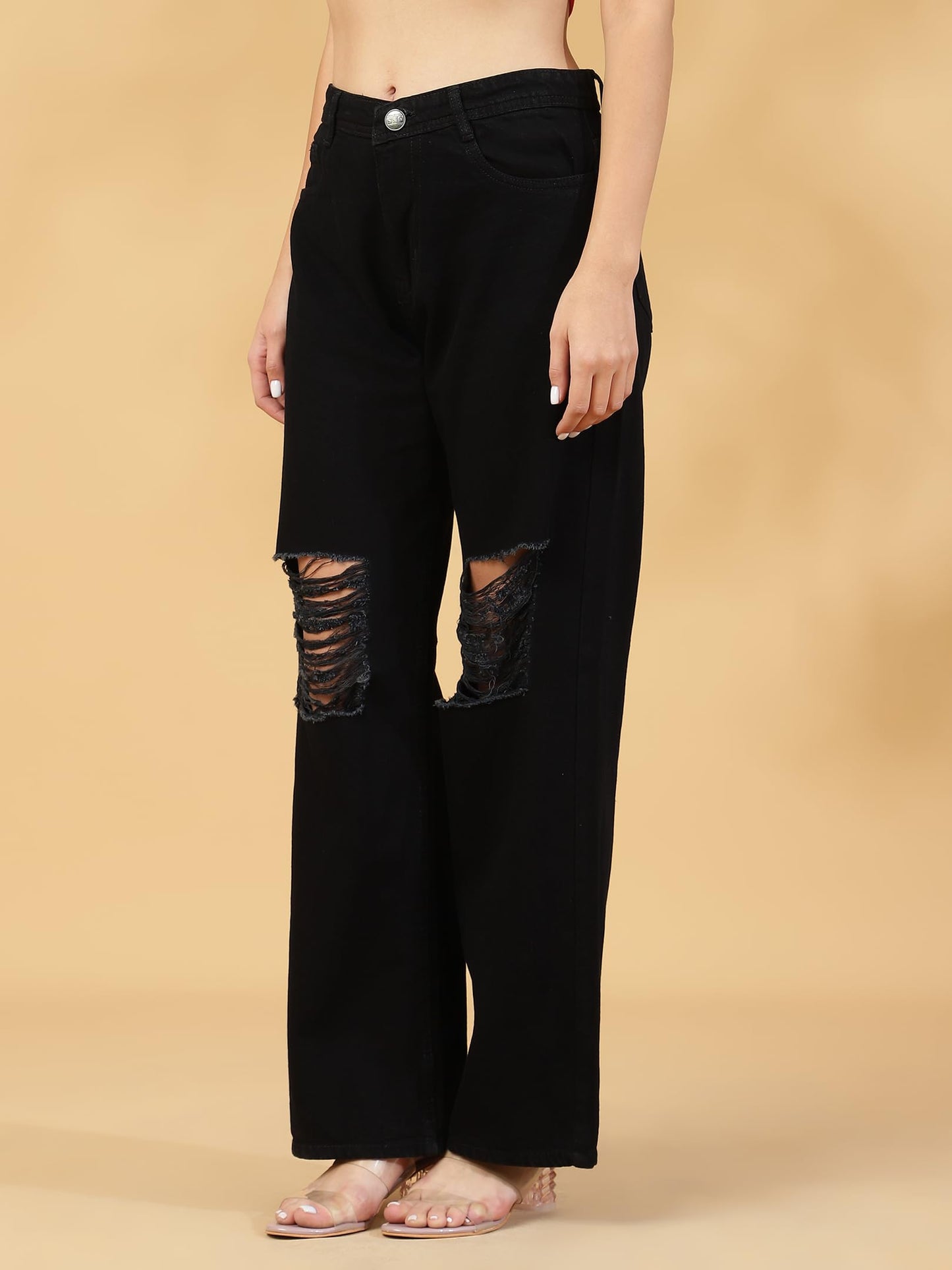 Shasmi Relaxed High Rise Cotton Ankle Length for Women Jeans (Denim Pant 168_Black