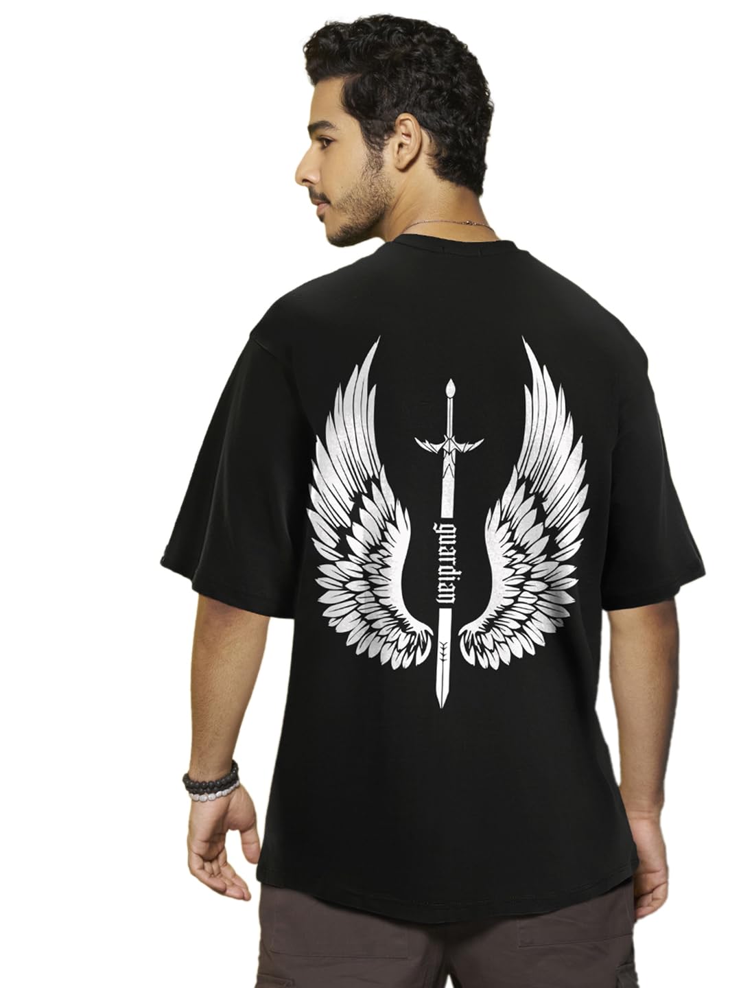 Bewakoof Mens Guardian Wings Graphic Printed T-Shirt Oversized Fit, Round Neck, Half Sleeve_581657_Black_XL