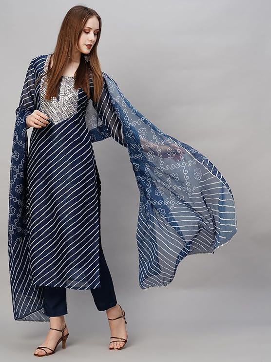 Suppar Sleave Latest Lehriya Bandhni Printed Viscose Rayon Cotton Embroidery Straight Kurta Set With Pants And Dupatta