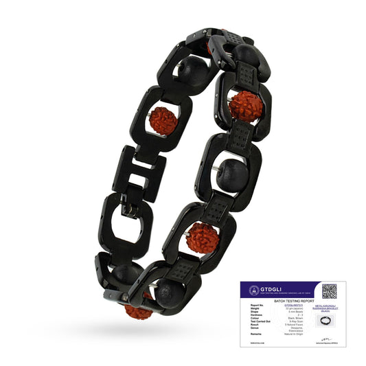 Astrotalk Metal Rudraksha & Karungali Bracelet (Black) | Spiritual Protection & Mental Peace Energy | Ebony Wood & 5 Mukhi Rudraksha Healing Bracelet for Man & Women | Gift for Man & Woman