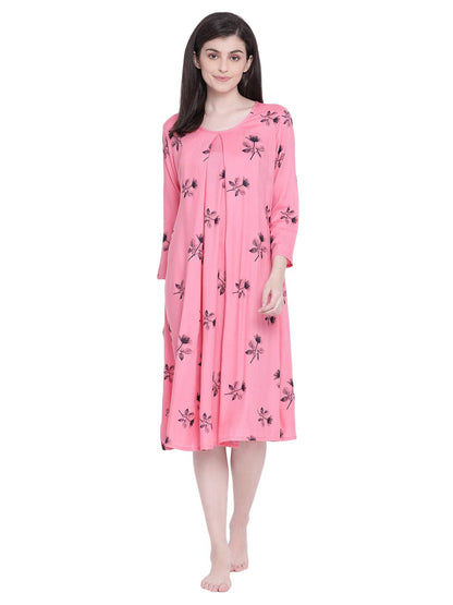 Clovia Womens Rayon Leaf Print Maternity Feeding Short Night Dress (NS1347P14_Pink_M)