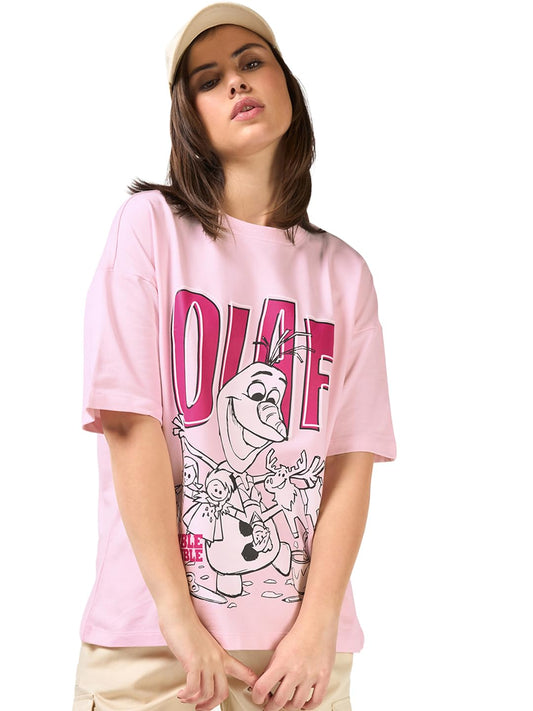 Bewakoof Heavy Duty 1.0 Official Disney Merchandise Olaf WomenS Graphic Printed Oversized Fit Half Sleeve Round Neck Cotton Ble
