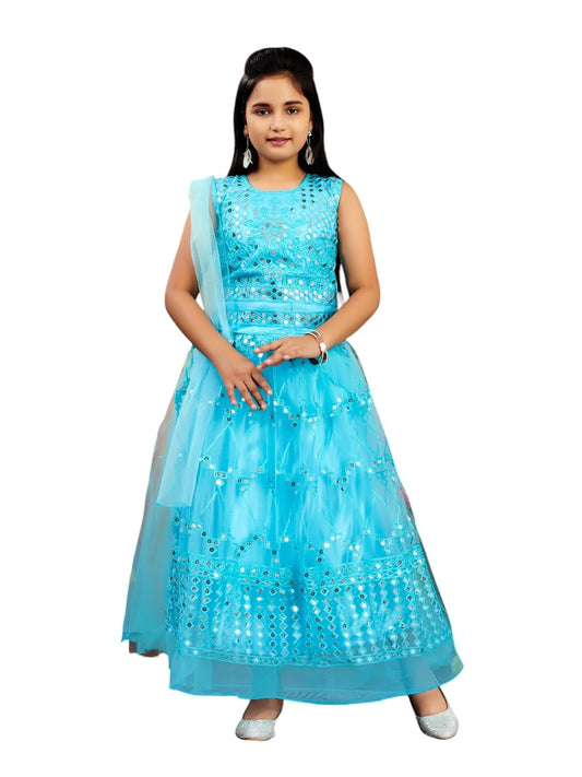 Aarika Girls Ethnic Wear Turquoise Colour Sequin Thread Embroidery Net Lehenga Choli Set (4-10 Years)